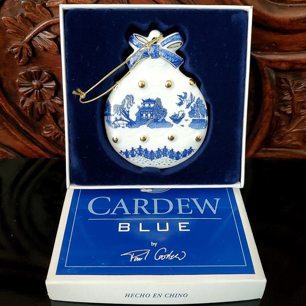1999 Porcelain Cardew Blue 3 1/2" Ball Ornament Gold Accent Boxed